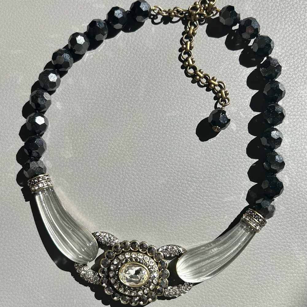 Heidi Daus Black Bead Necklace Crystal and Enamel Art Deco Necklace